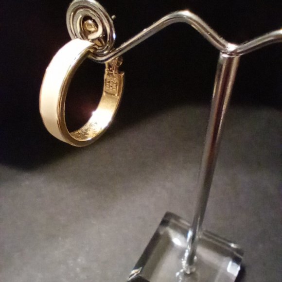 Monet Vintage Gold Tone Cream Enamel Hoop Lever Back Earrings - Picture 7 of 7